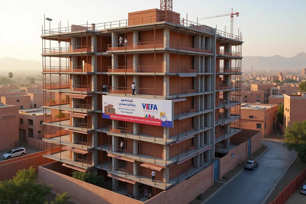Immeuble résidentiel en construction dans un quartier moderne de Marrakech avec bannière VEFA et vue sur l'Atlas en arrière-plan