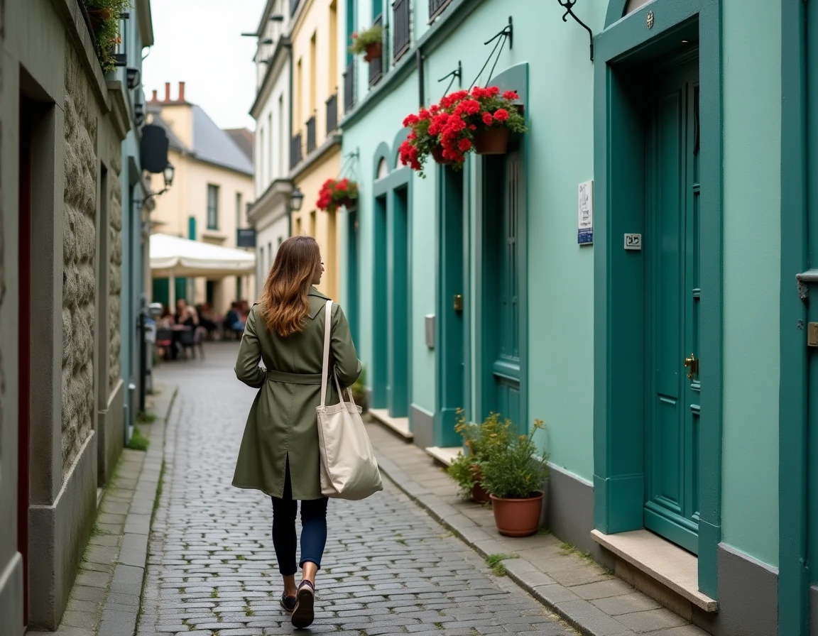 Femme se promenant dans les rues en pierre de la ville close de Concarneau pendant une pause de télétravail