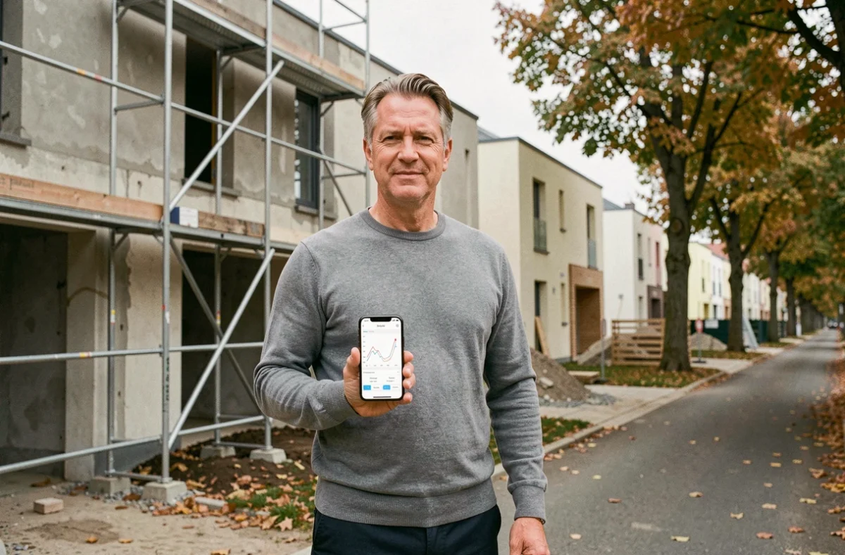 Promoteur immobilier consultant une estimation de marché en ligne sur smartphone devant un chantier résidentiel en banlieue française