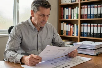 Propriétaire analysant des documents de gestion d'appartement Scellier intermédiaire à son bureau
