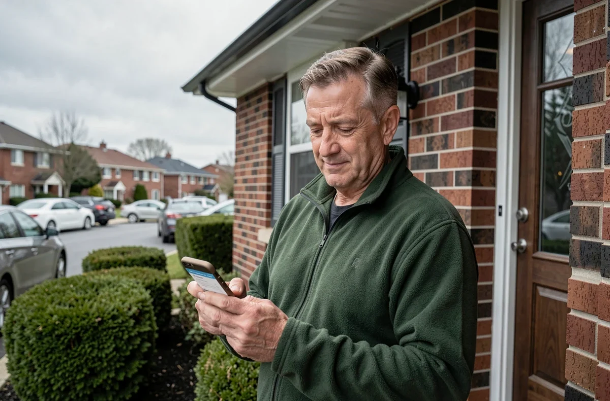 Propriétaire cherchant un devis d'assurance habitation pas cher sur smartphone devant sa maison