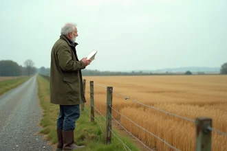 Propriétaire foncier tenant un document de bail agricole au bord d'un champ de blé en France rurale