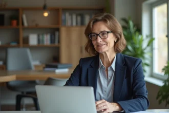Propriétaire immobilière consultant son ordinateur portable pour gérer la mise en location de son appartement sans visites