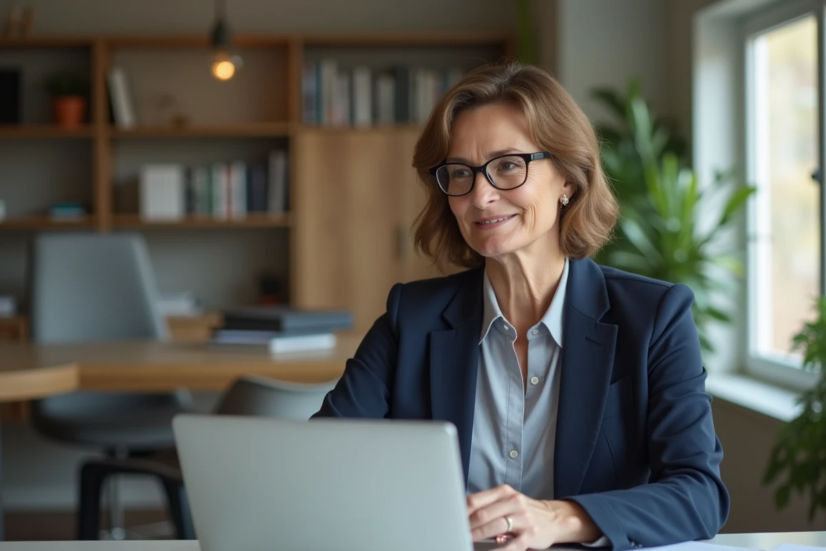 Propriétaire immobilière consultant son ordinateur portable pour gérer la mise en location de son appartement sans visites