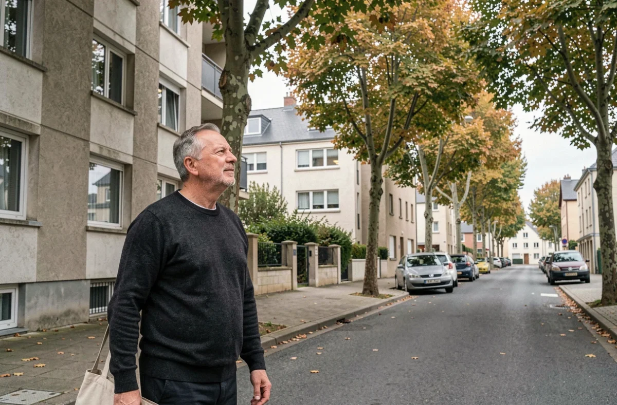 Homme évaluant des immeubles résidentiels dans un quartier calme de Concarneau pour une location à l'année