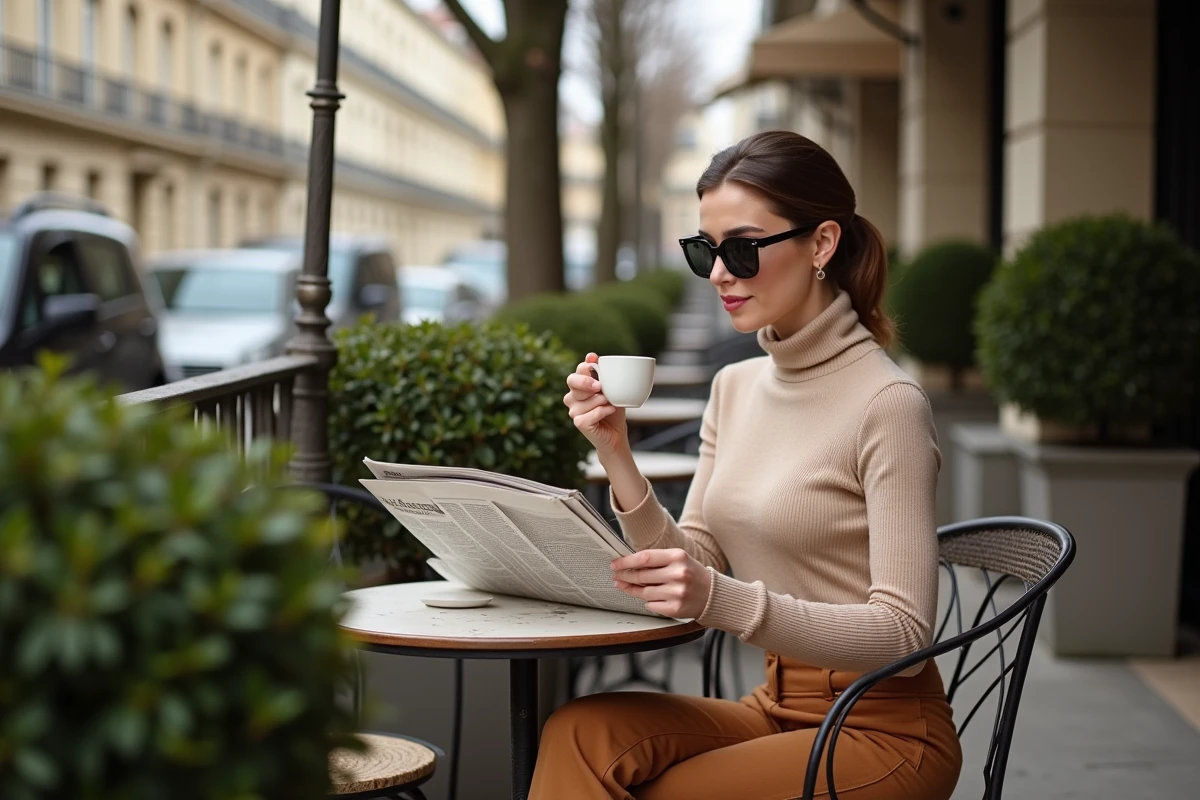 Femme élégante en terrasse de café dans le 16e arrondissement de Paris, quartier résidentiel aisé et prisé en 2026