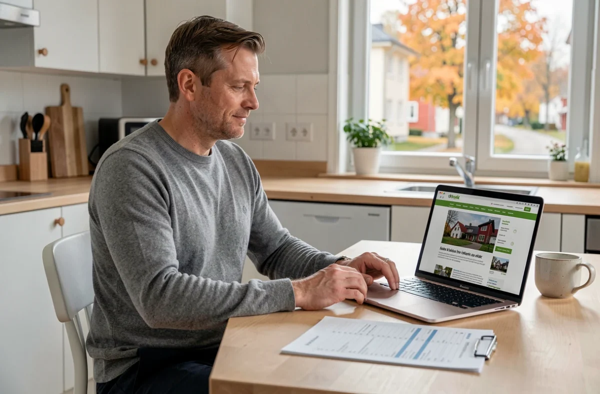 Homme recherchant des biens immobiliers en Suède sur un ordinateur portable dans une cuisine scandinave