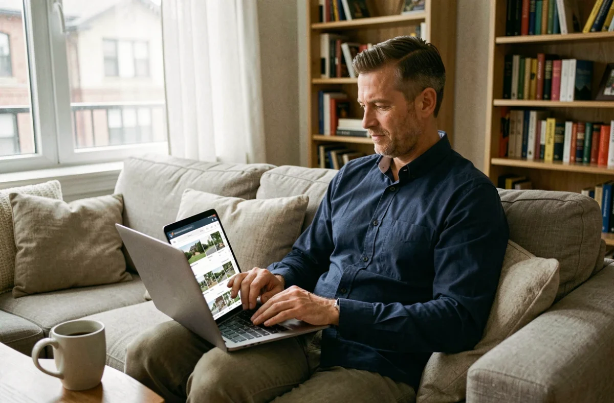 Homme recherchant un logement en location sur un ordinateur portable depuis son salon confortable