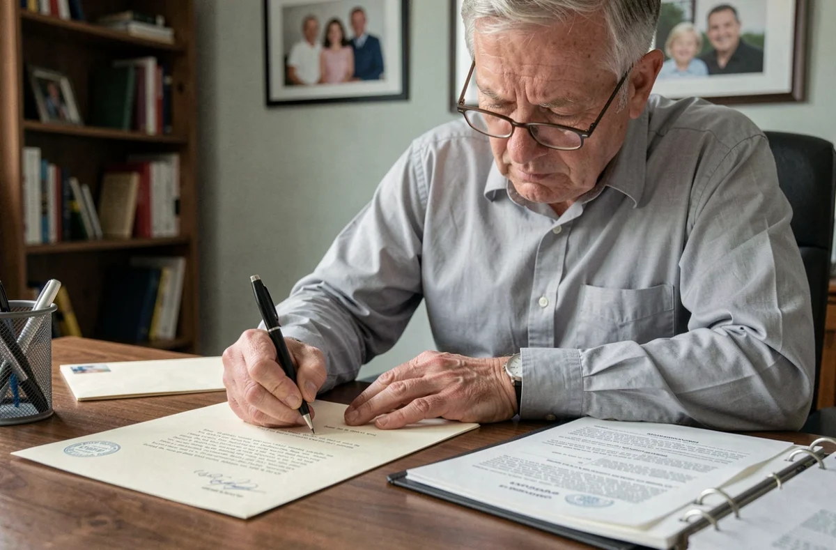 Homme rédigeant une lettre formelle à un notaire pour accélérer une succession