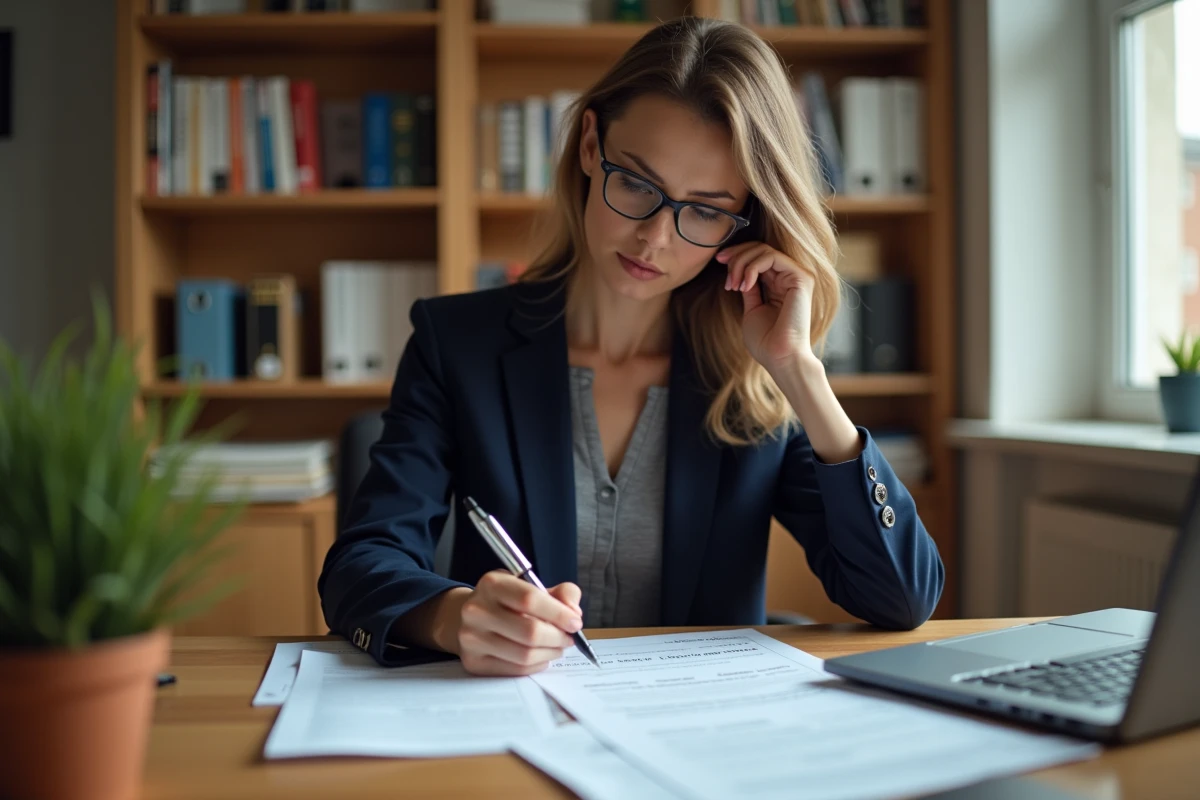 Femme rédigeant une lettre de contestation d'une amende de stationnement à son bureau avec les documents réglementaires