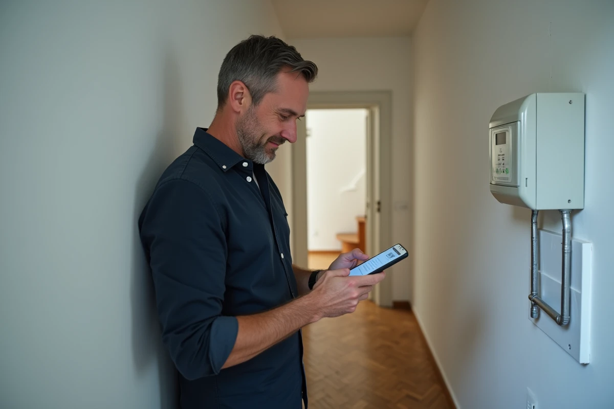Homme consultant son application EDF sur smartphone devant un compteur électrique dans un couloir d'appartement vide avant état des lieux