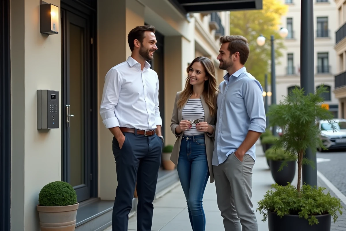 Propriétaire remettant les clés d'un appartement à de nouveaux locataires devant l'entrée d'un immeuble résidentiel