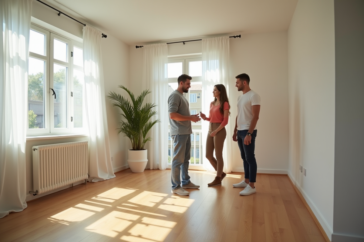 Jeune couple discutant avec un agent immobilier dans un studio vide