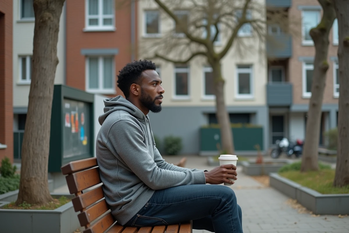 Résident du Quartier Nord assis sur un banc public dans une place de banlieue parisienne