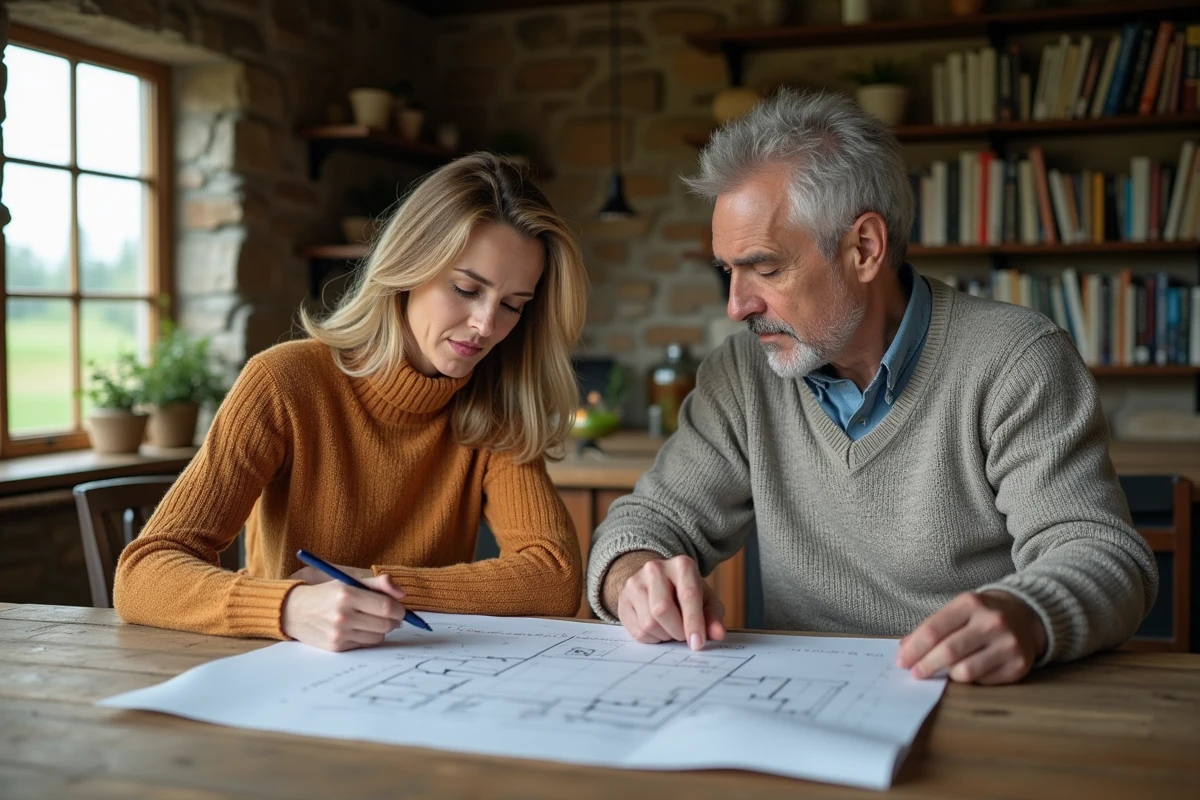 Femme et homme discutant de plans dans une ferme rénovée