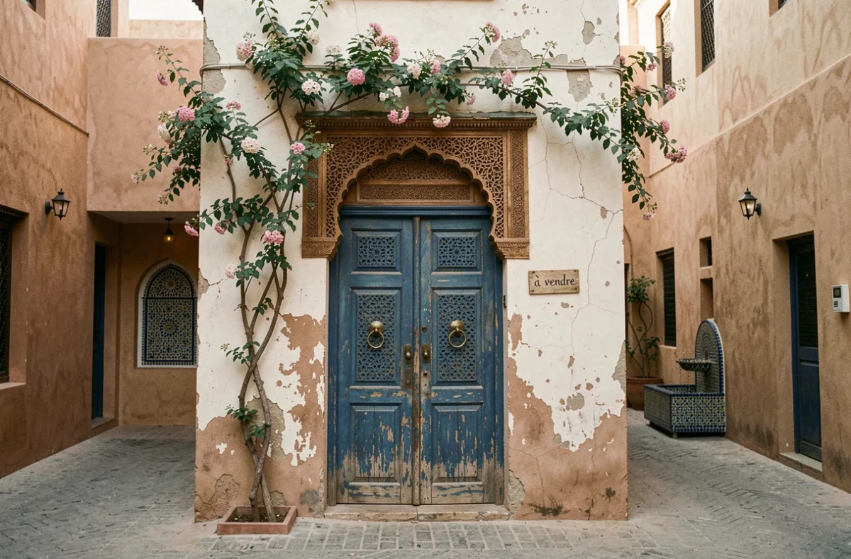 Porte d'entrée en bois sculpté d'un riad à vendre dans la médina de Marrakech avec panneau de vente et façade en pisé authentique