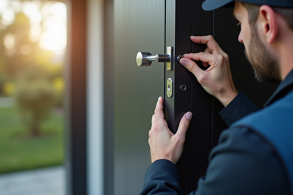 Serrurier professionnel posant une serrure sur une porte moderne