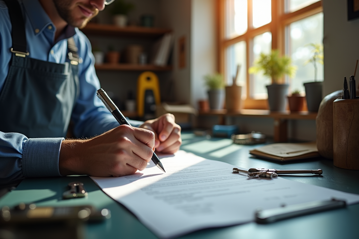 Artisan serrurier vérifiant des documents dans un atelier lumineux