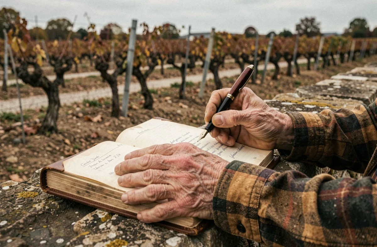 Mains d'un vigneron signant un document financier sur un mur de pierre au bord d'une parcelle de vignes bordelaises