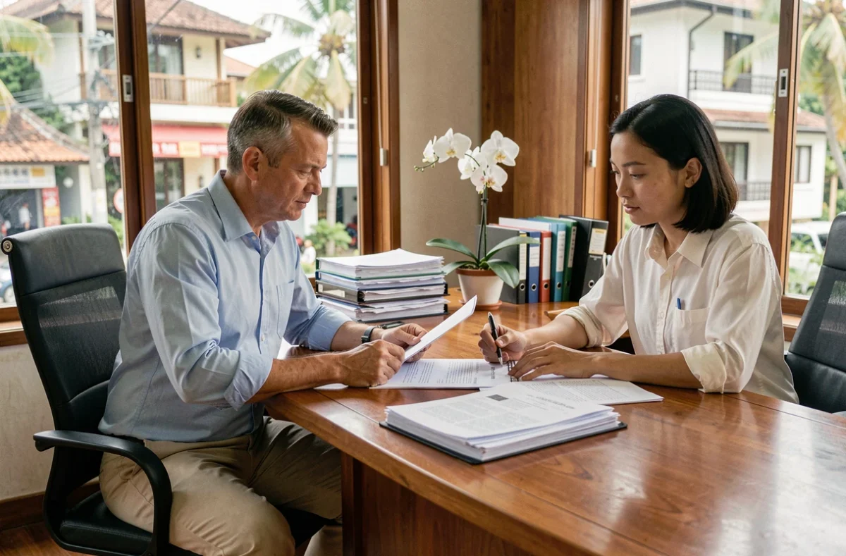 Acheteur français et notaire thaïlandais signant des documents immobiliers dans un bureau professionnel à Koh Samui
