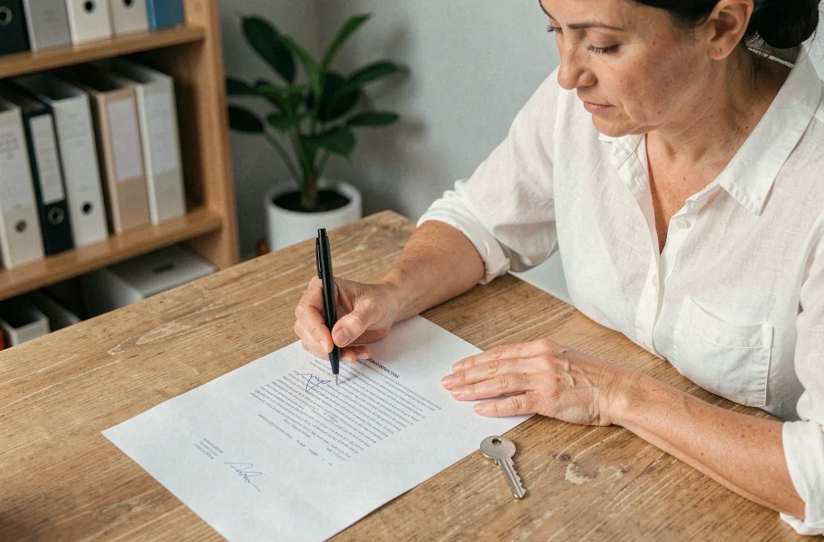 Femme signant une attestation de remise de clé posée sur un bureau en bois avec une clé métallique