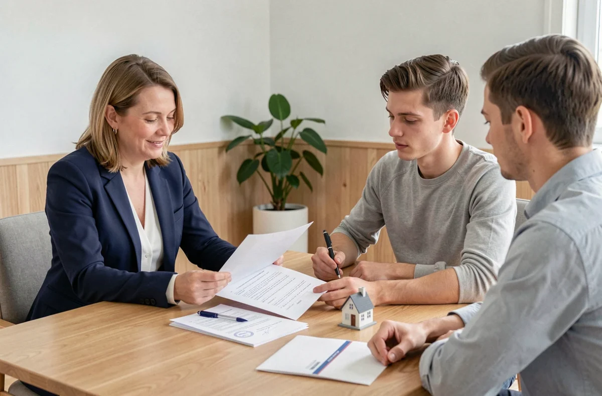 Agent immobilier suédois présentant un contrat de vente à un couple lors de la signature