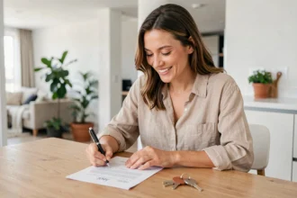 Femme signant un contrat de location dans un appartement moderne, clés posées sur la table en bois