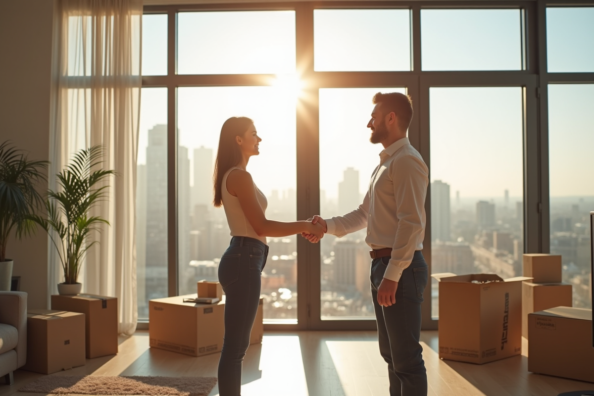 Agent immobilier et couple signant dans un salon lumineux