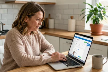 Femme consultant une simulation d'assurance habitation sur son ordinateur portable dans une cuisine moderne