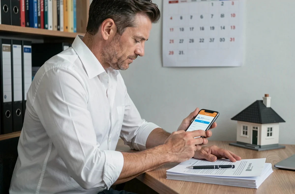 Homme remplissant une simulation d'assurance maison sur smartphone dans un bureau à domicile