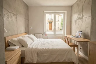 Studio meublé moderne et calme à La Roche-sur-Yon avec bureau, wifi et literie blanche confortable