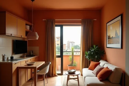 Intérieur d'un studio meublé moderne à Dakar avec décoration africaine et vue sur la rue