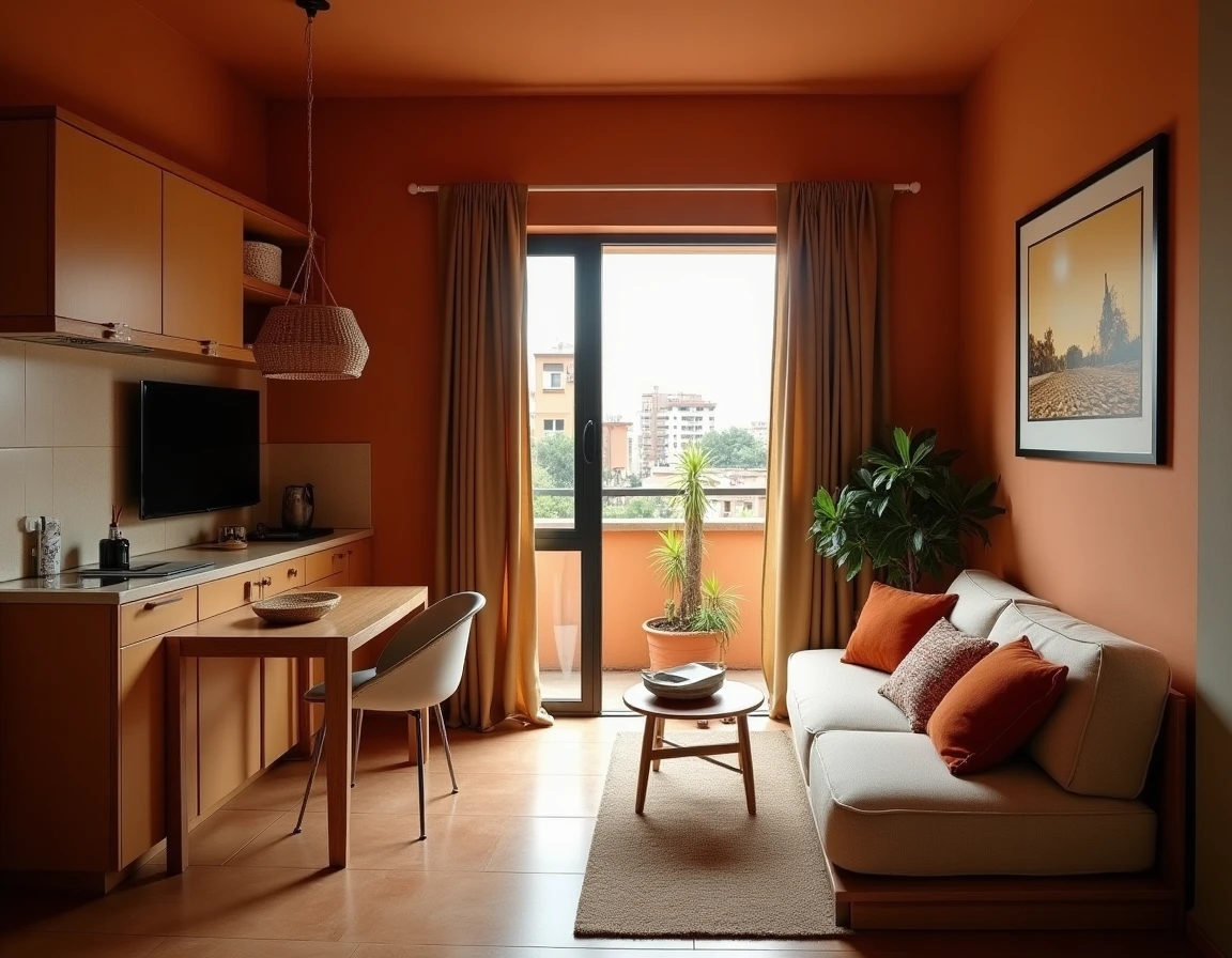 Intérieur d'un studio meublé moderne à Dakar avec décoration africaine et vue sur la rue