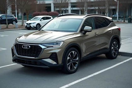 Grand SUV récent dépassant les lignes d'une place de parking standard dans un parking urbain