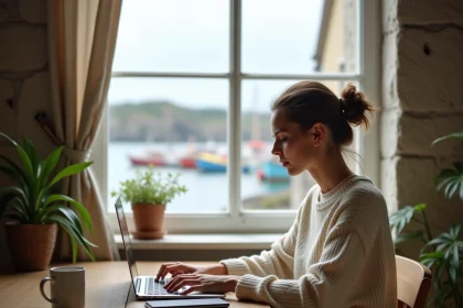 Télétravaileuse dans un appartement de Concarneau avec vue sur le port breton et bateaux de pêche colorés