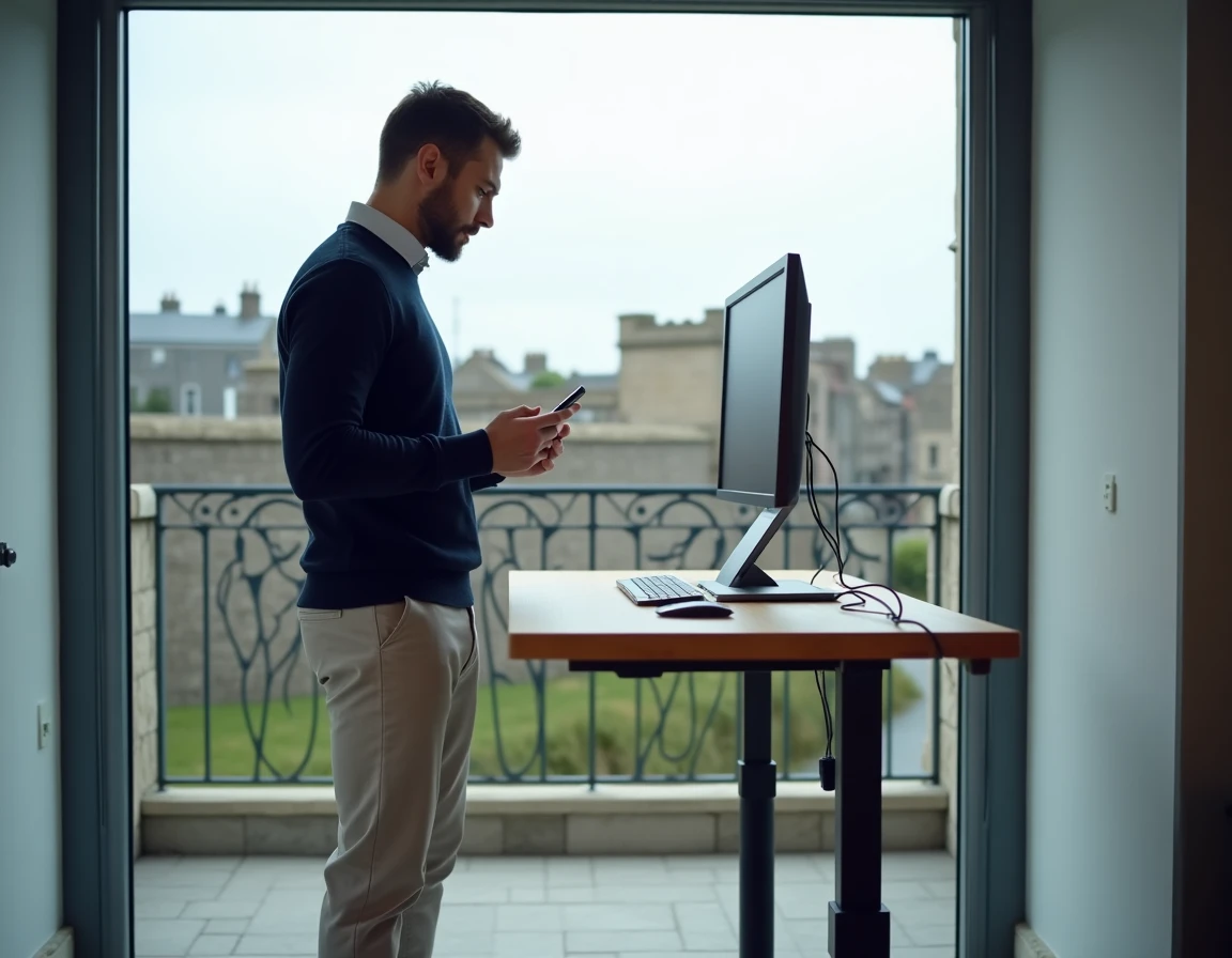 Homme en télétravail dans un appartement moderne de Concarneau avec vue sur les remparts de la ville close