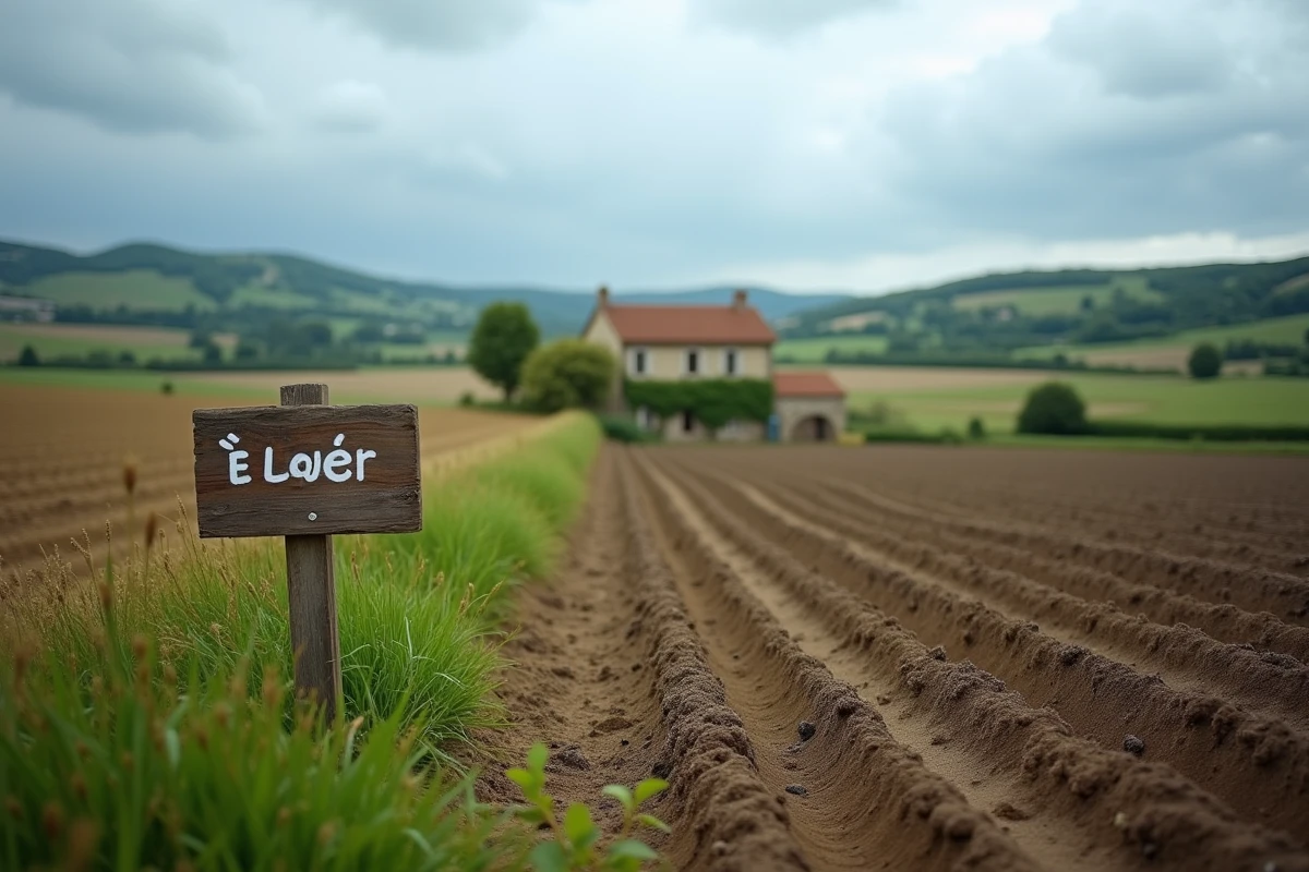 Terrain agricole à louer en France avec panneau de location au bord d'un champ labouré