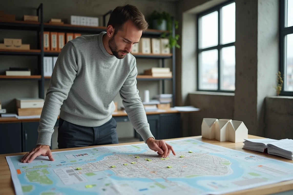 Urbaniste analysant des cartes de prix immobiliers par quartier pour identifier les zones à forte hausse