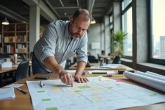 Urbaniste analysant une carte cadastrale dans un bureau de planification urbaine moderne