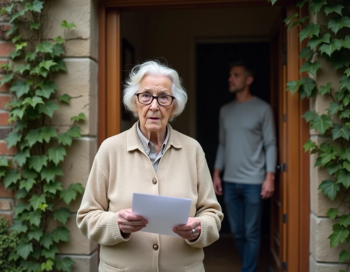 Usufruitière âgée tenant un courrier juridique devant une maison en pierre lors d'un litige de démembrement de propriété