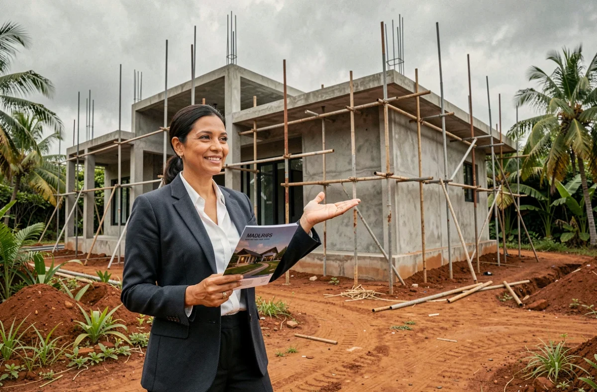 Agent immobilière devant une villa en construction inachevée à l'île Maurice représentant les risques d'investissement
