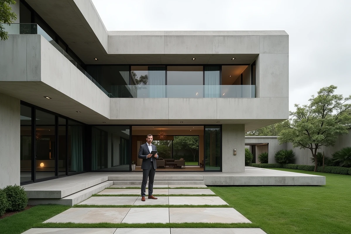 Agent immobilier estimant le prix au m² d'une villa de luxe atypique à architecture contemporaine en béton brut