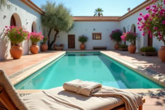 Piscine longue durée dans une villa privée à Essaouira avec jardin marocain et bougainvilliers