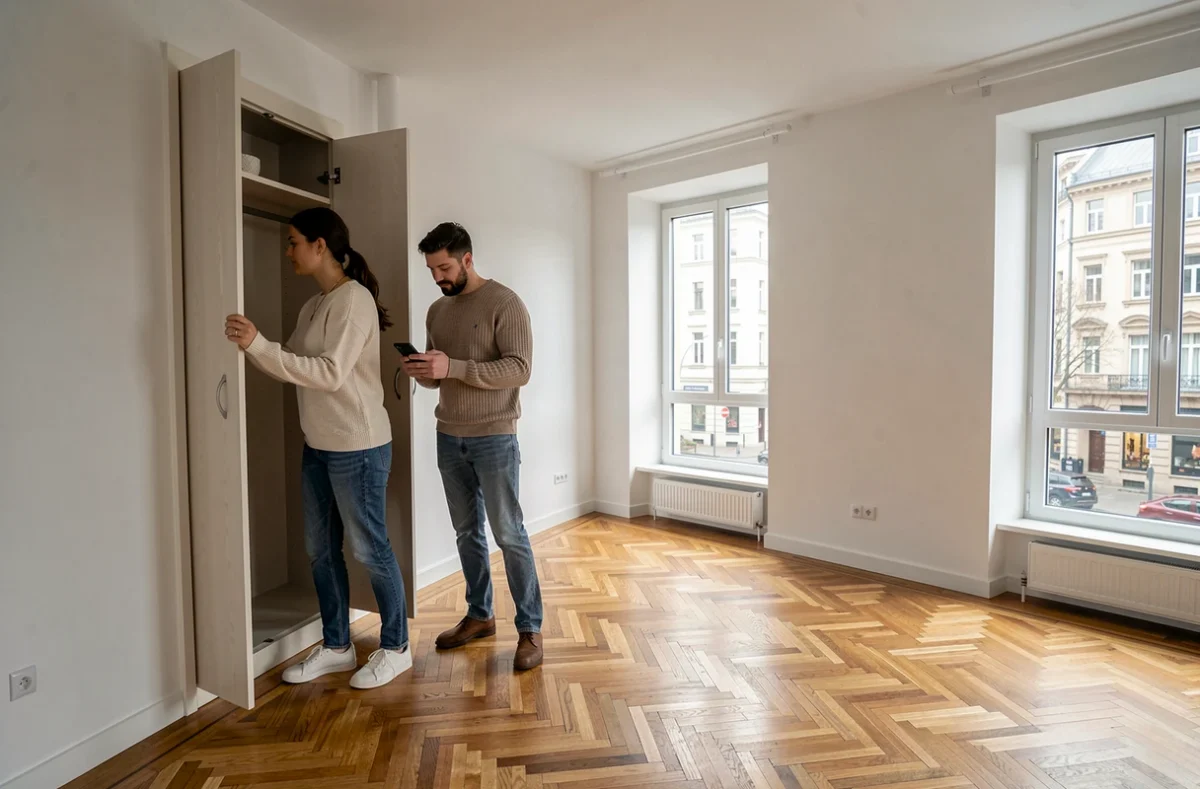 Couple visitant un appartement vide lors d'une visite locative, parquet et grandes fenêtres visibles