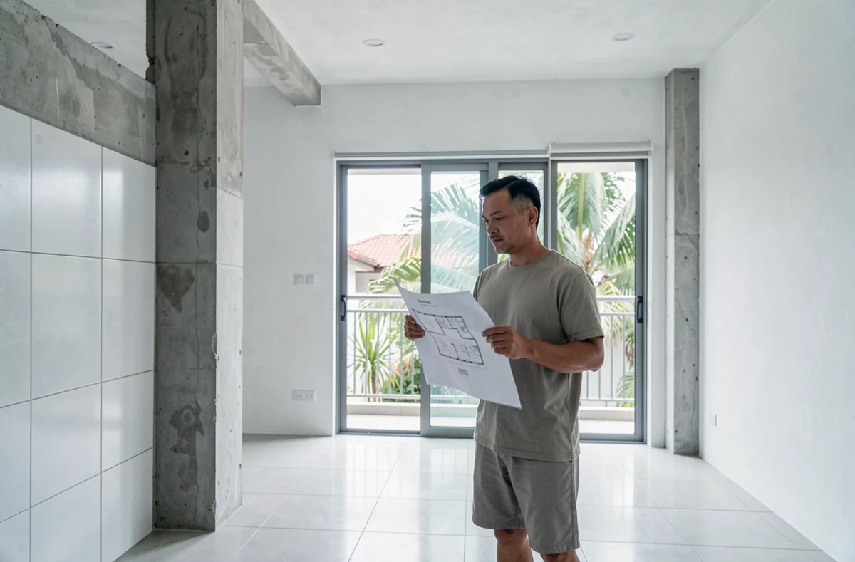 Homme visitant un appartement vide à louer à Chiang Mai en Thaïlande pour un projet de vie