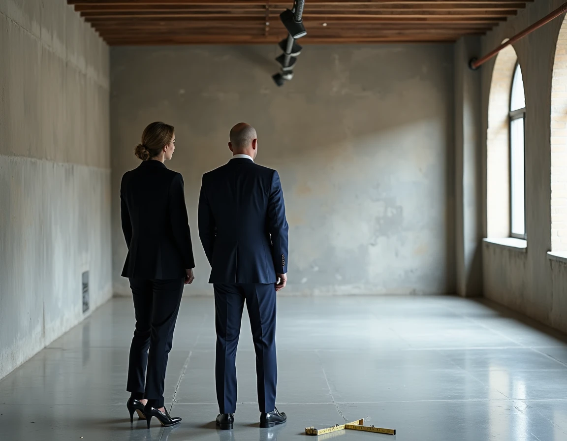 Conseiller immobilier et directrice visitant un espace commercial vide de prestige en centre-ville avec sol en terrazzo et hauts plafonds industriels