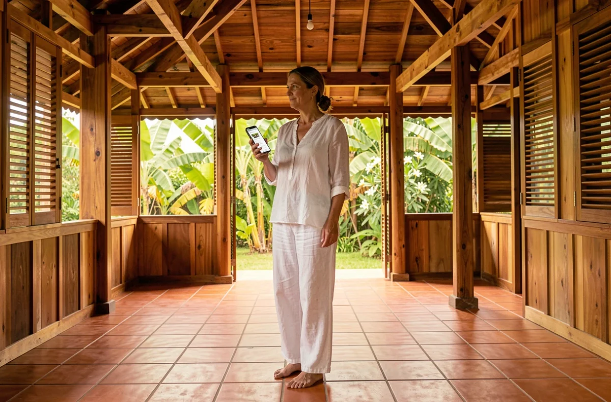 Femme française visitant une maison traditionnelle thaïlandaise en bois à Koh Samui lors d'une recherche immobilière
